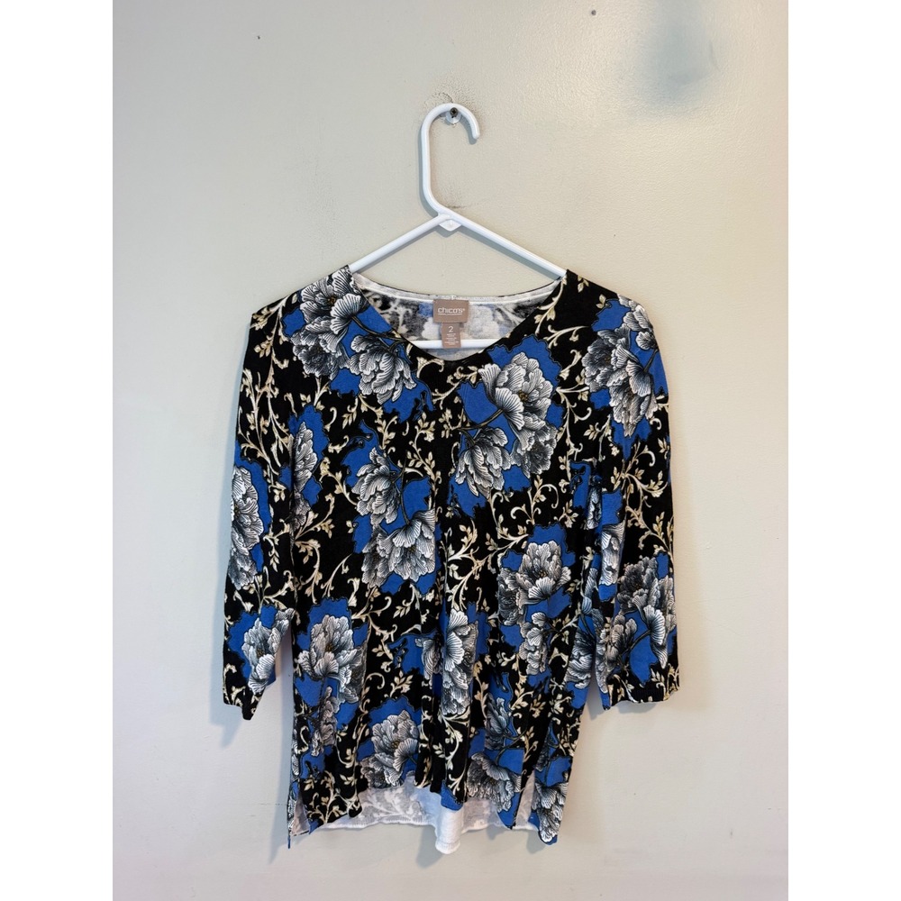 Chicos Floral V-Neck Sweater Blue Black White 3/4 Sleeve Cotton Rayon Size 2 L